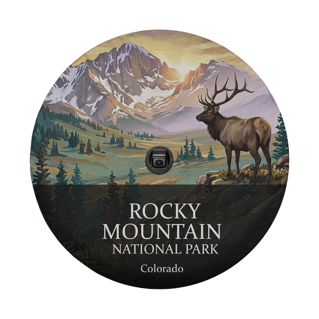 Rocky Mountain National Park spare tire cover with a backup camera hole, showing a bull elk below snow-capped peaks