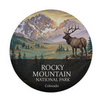 Rocky Mountain National Park spare tire cover without a camera hole, showing a bull elk below snow-capped peaks