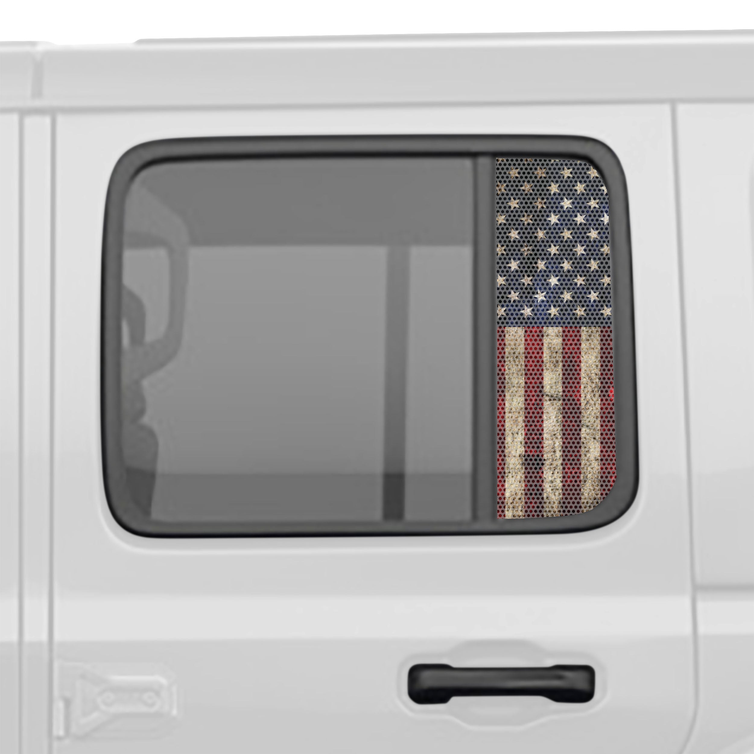 American Flag Perforated Rear Door Side Window Accent Decal Kit For Jeep Wrangler / Gladiator 4 door (2018-2026)