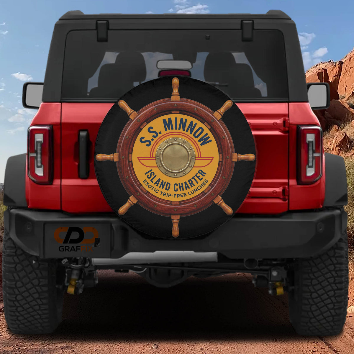 SS Minnow Island Charter spare tire cover mounted on a Ford Bronco