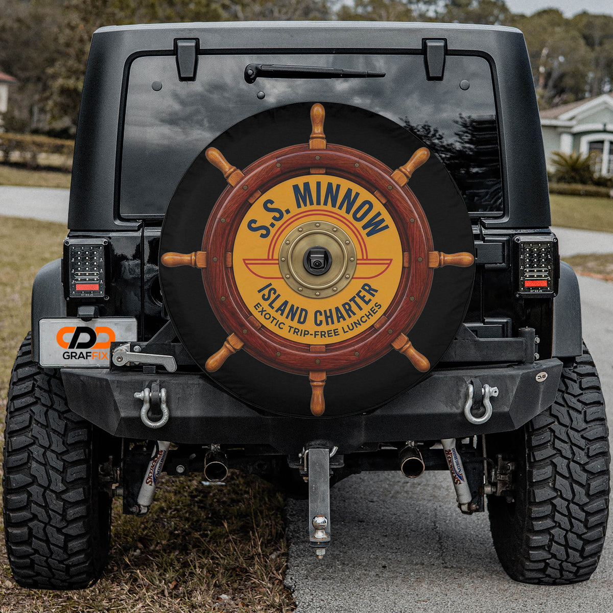 SS Minnow Island Charter spare tire cover mounted on a Jeep Wrangler