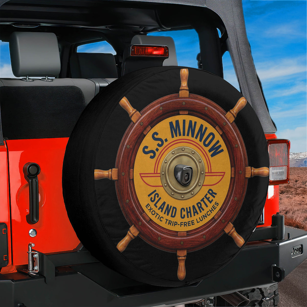 SS Minnow Island Charter spare tire cover on a Jeep Wrangler, rear view