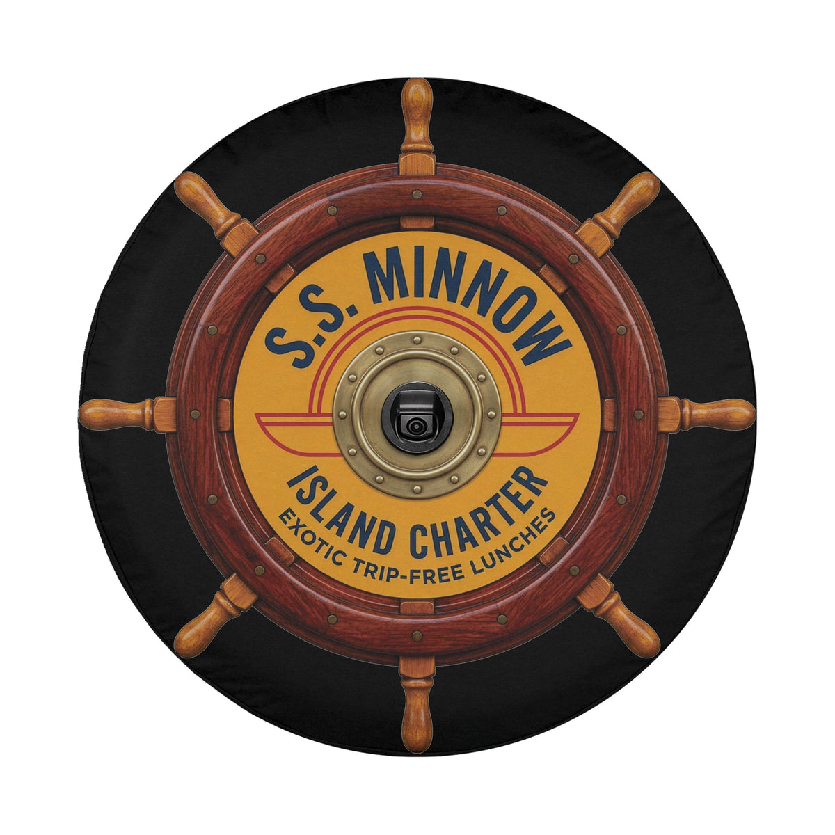 SS Minnow Island Charter spare tire cover with a backup camera hole