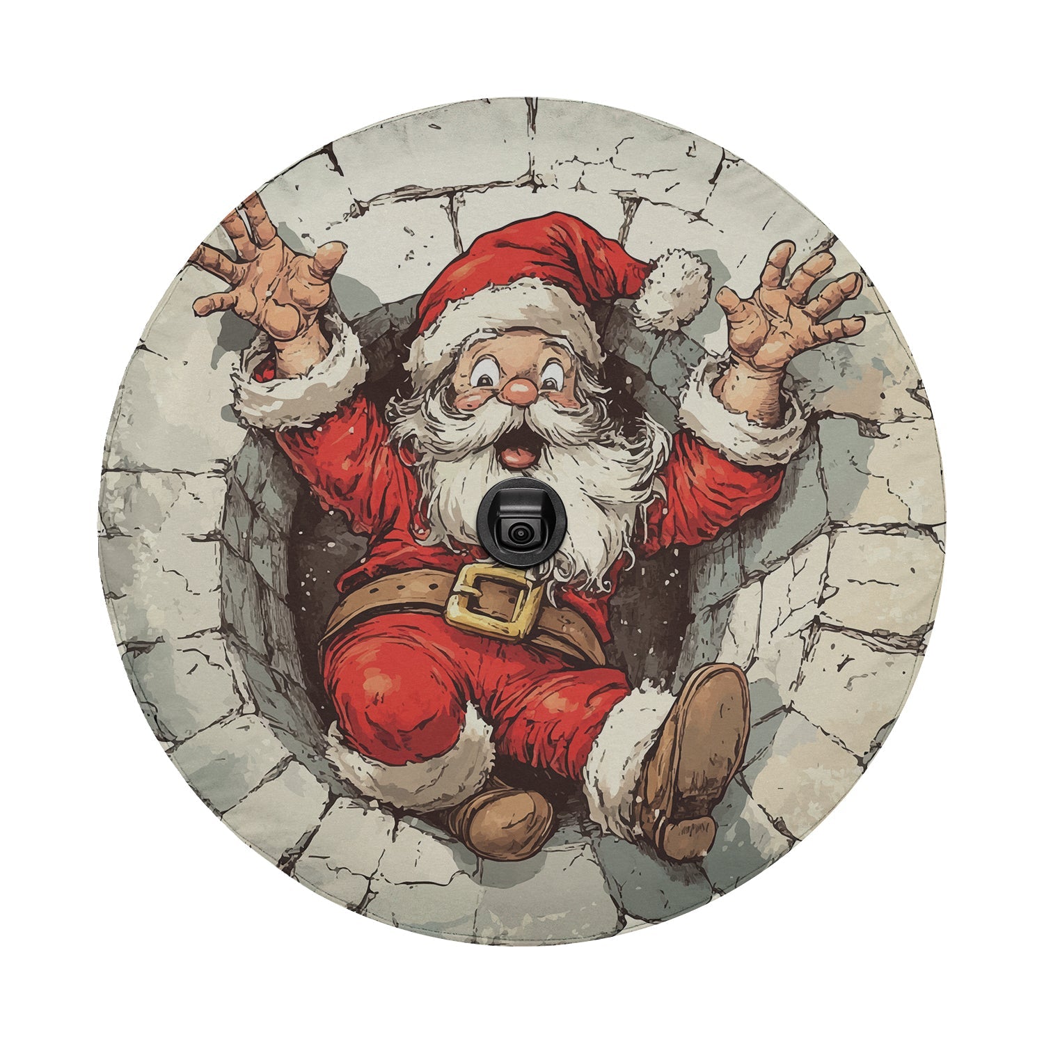 Santa's Great Chimney Escape spare tire cover laid flat for fitment showing Santa's chimney mishap across the canvas