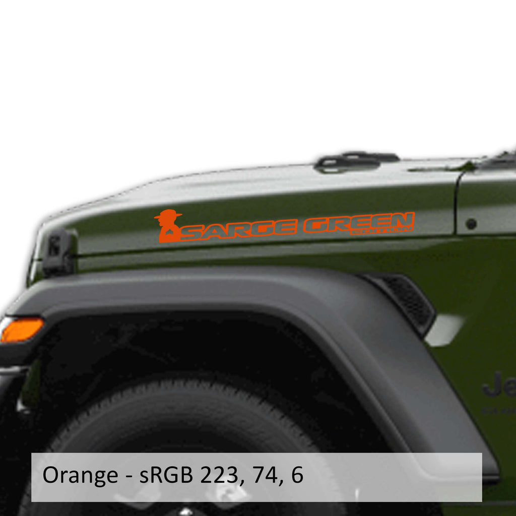 Orange Sarge Green edition side hood decal mockup pair for Jeep Wrangler JL Gladiator JT
