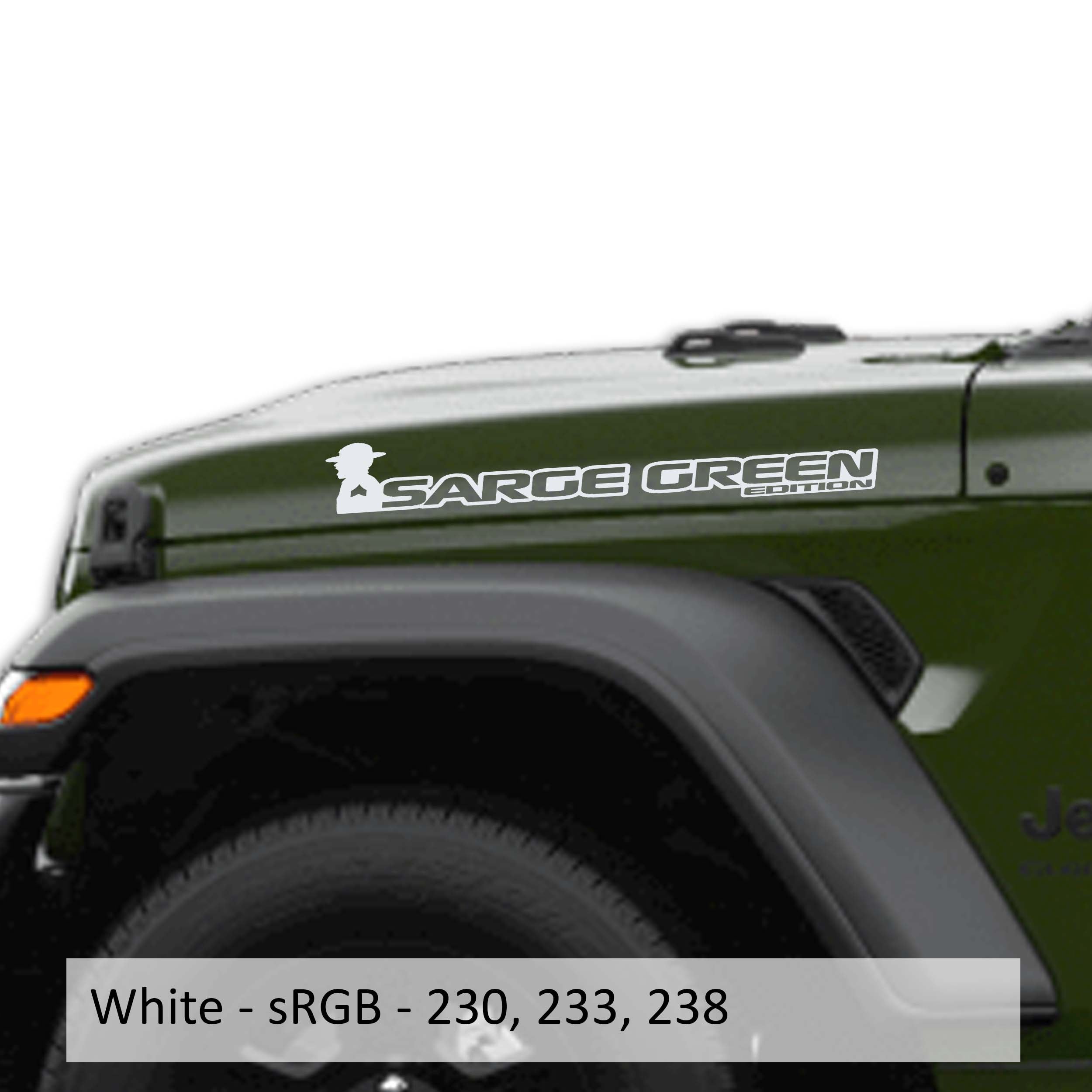 White Sarge Green edition side hood decal mockup pair for Jeep Wrangler JL Gladiator JT