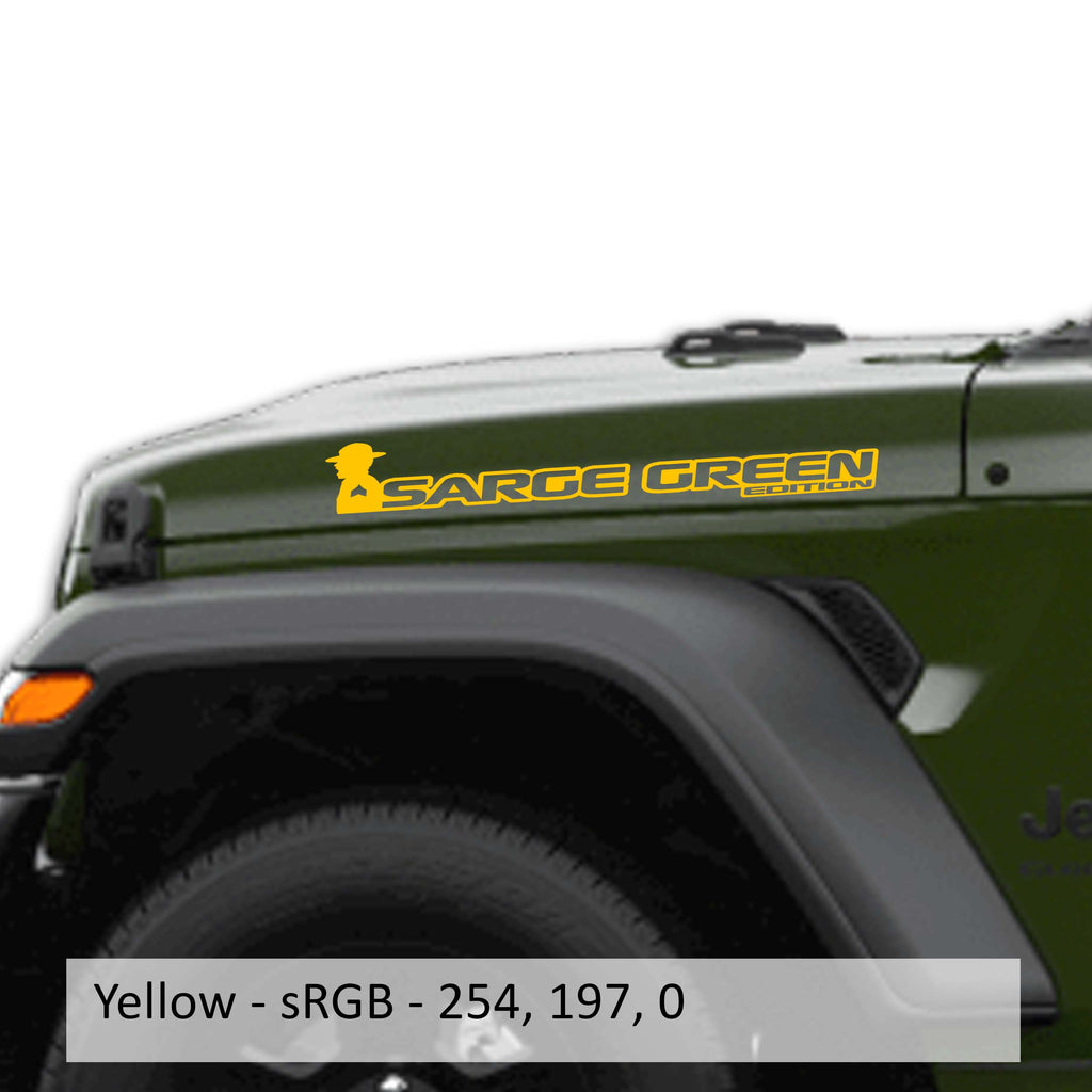 Yellow Sarge Green edition side hood decal mockup pair for Jeep Wrangler JL Gladiator JT