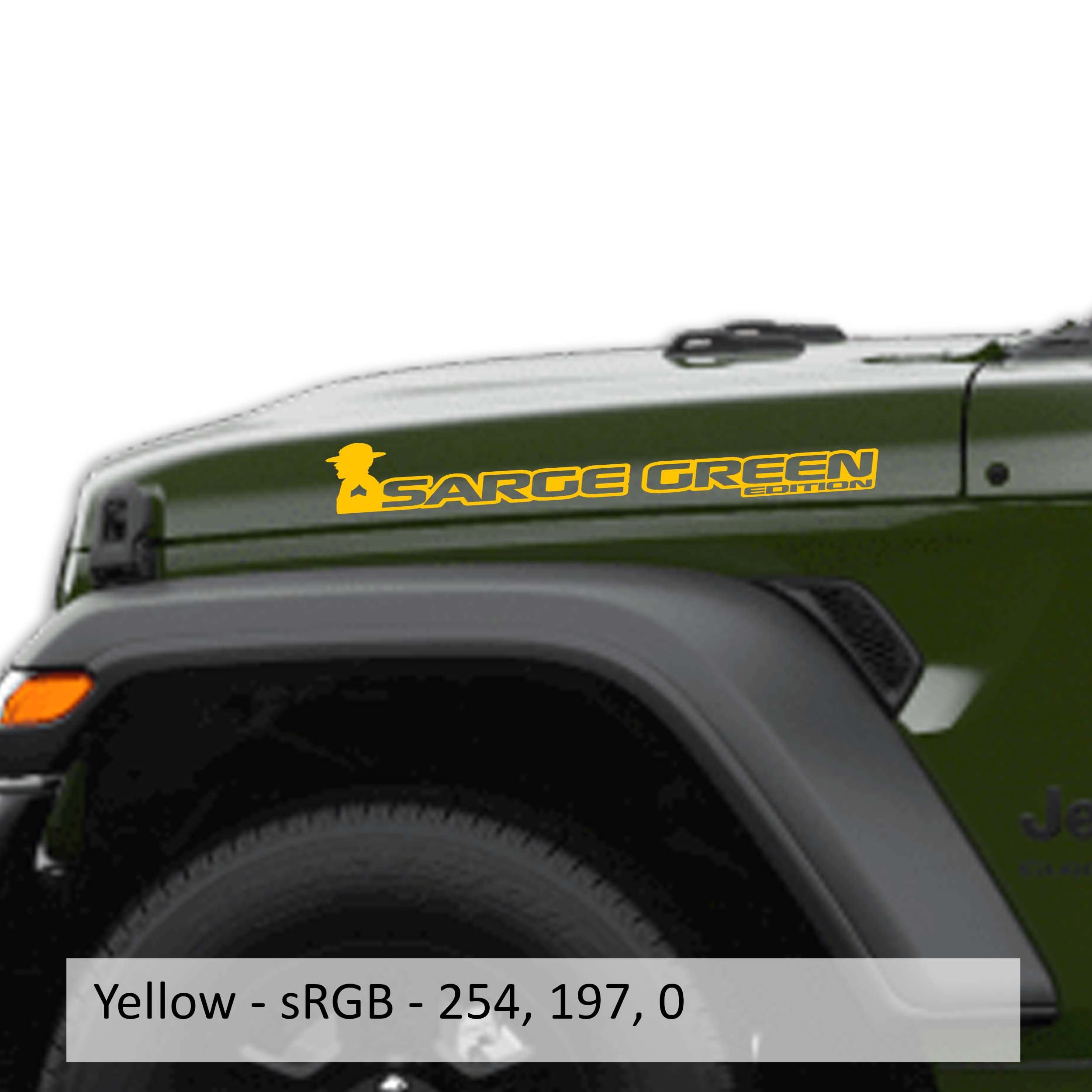 Yellow Sarge Green edition side hood decal mockup pair for Jeep Wrangler JL Gladiator JT