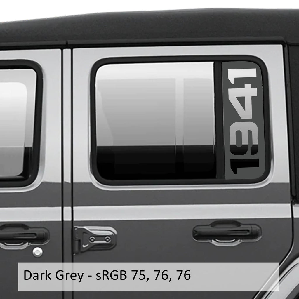 Dark gray 1941 side window vinyl decal set installed on Jeep Wrangler JL rear glass
