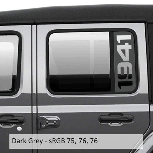 Dark gray 1941 side window vinyl decal set installed on Jeep Wrangler JL rear glass