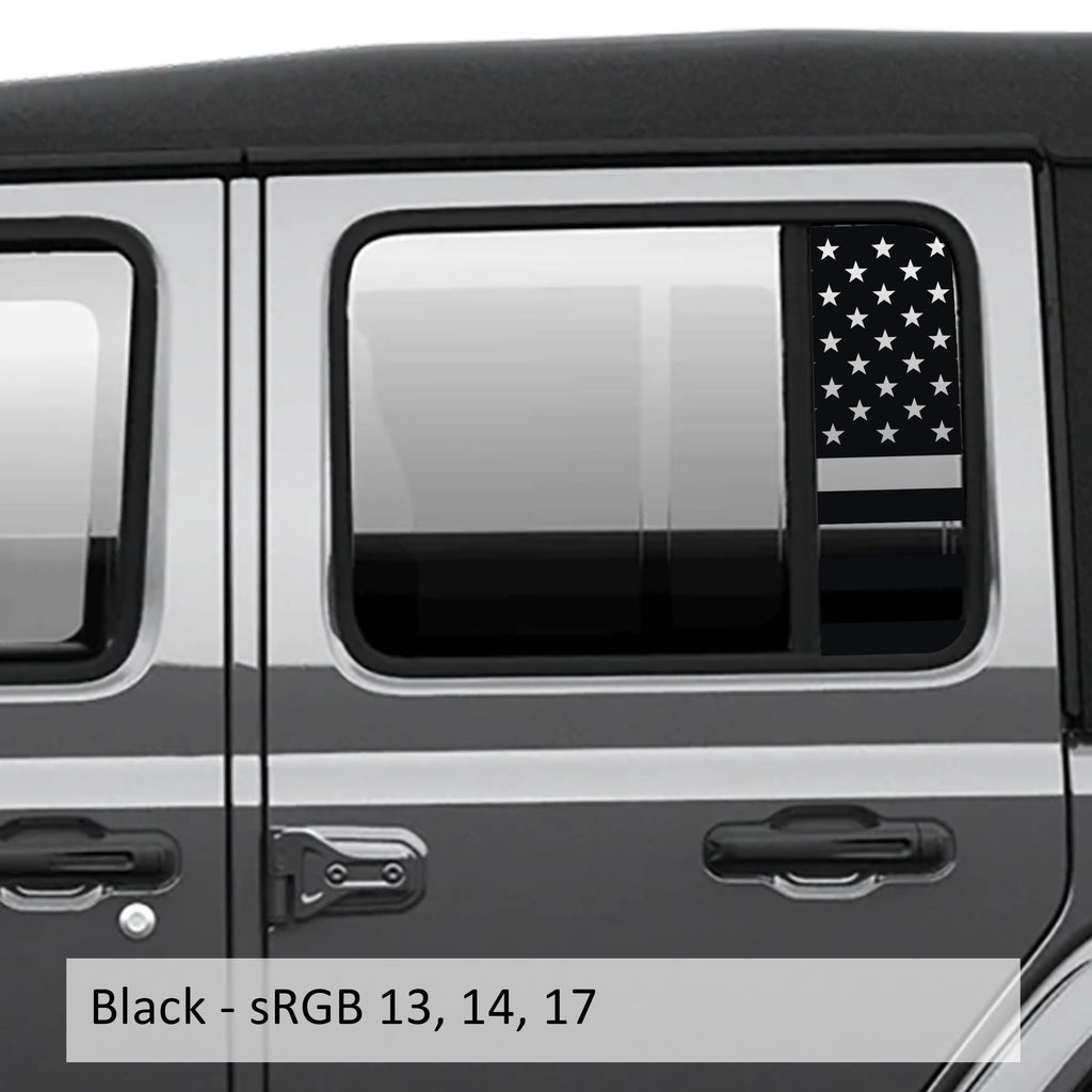 Black American flag side window vinyl decal set installed on Jeep Wrangler JL glass