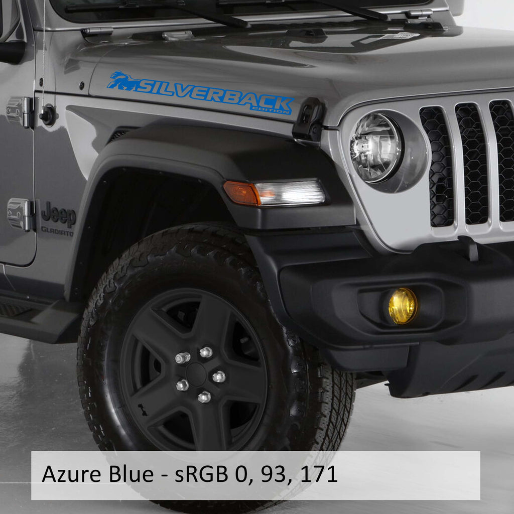 Azure blue Silverback Edition Wrangler side hood vinyl decal pair with gorilla mountain silhouette art.