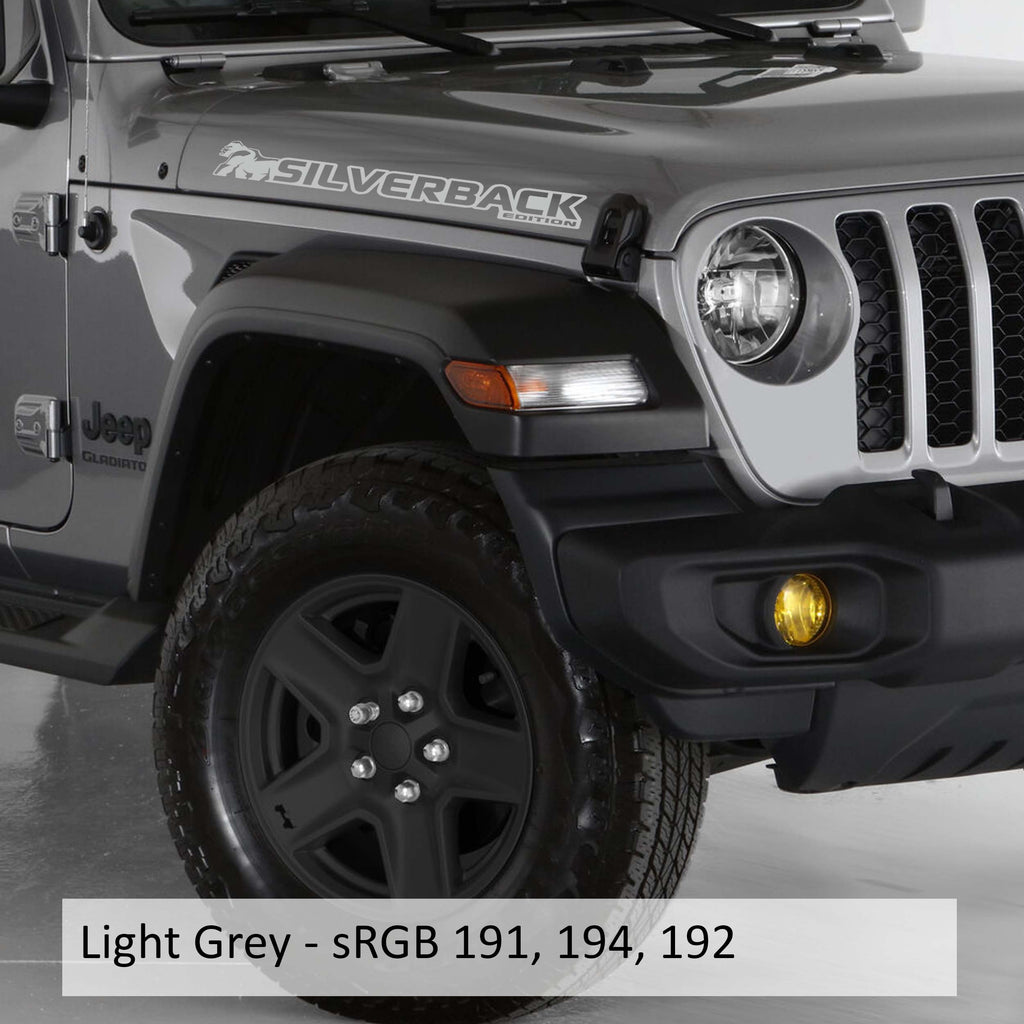 Light gray Silverback Edition Jeep Wrangler side hood vinyl decal pair with gorilla mountain art.