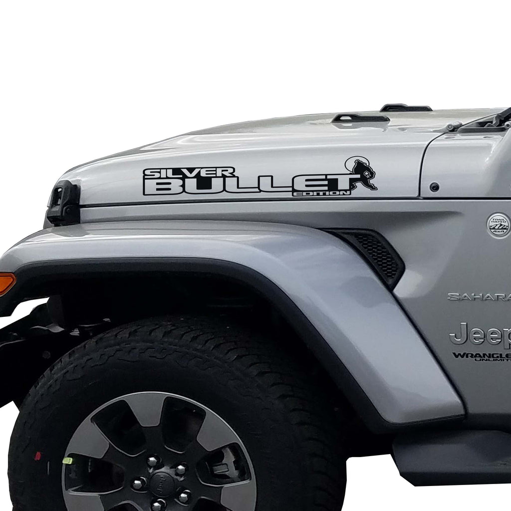 Silver Bullet Edition Jeep hood decal pair displayed in matte black vinyl on a clean white backdrop