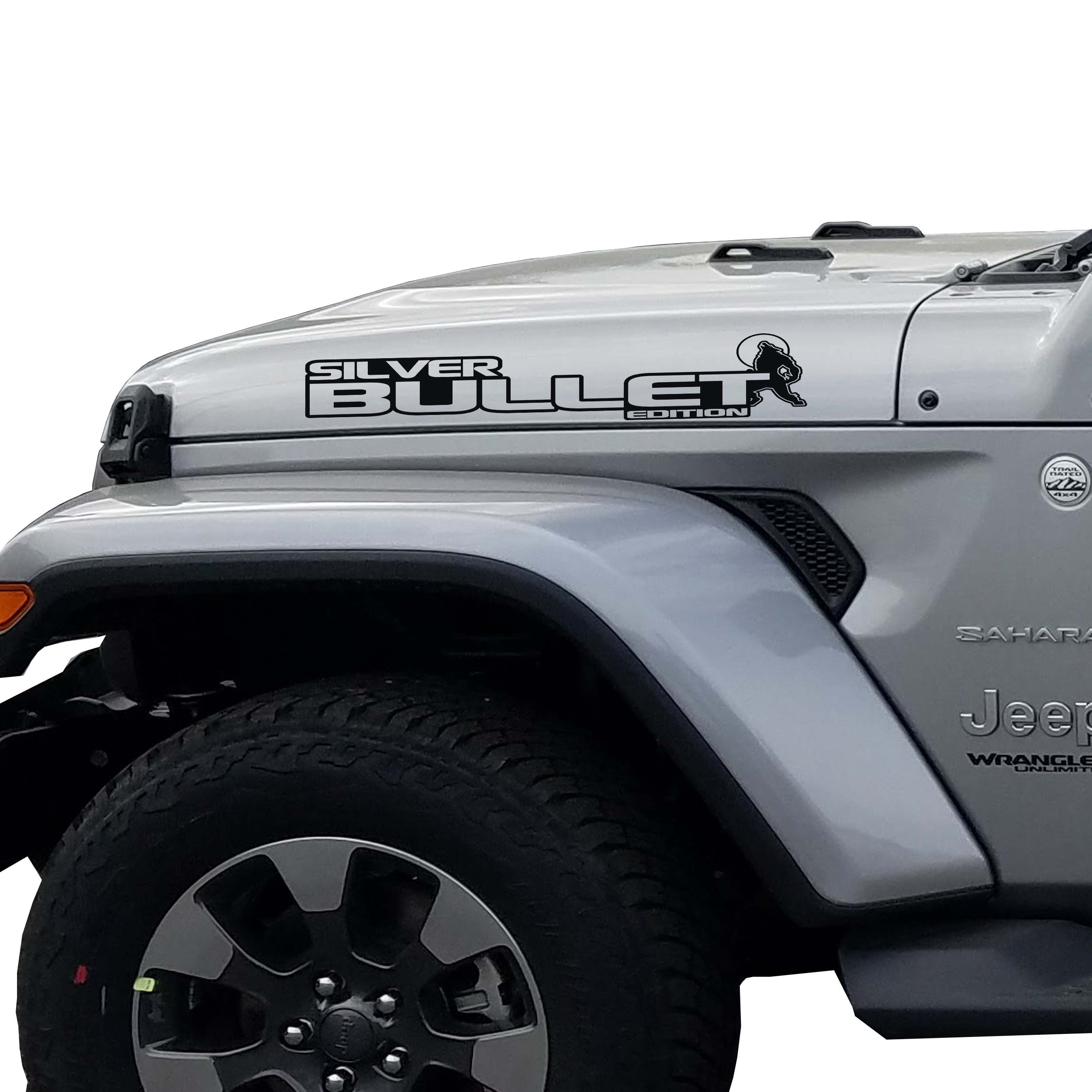 Silver Bullet Edition Jeep hood decal pair displayed in matte black vinyl on a clean white backdrop
