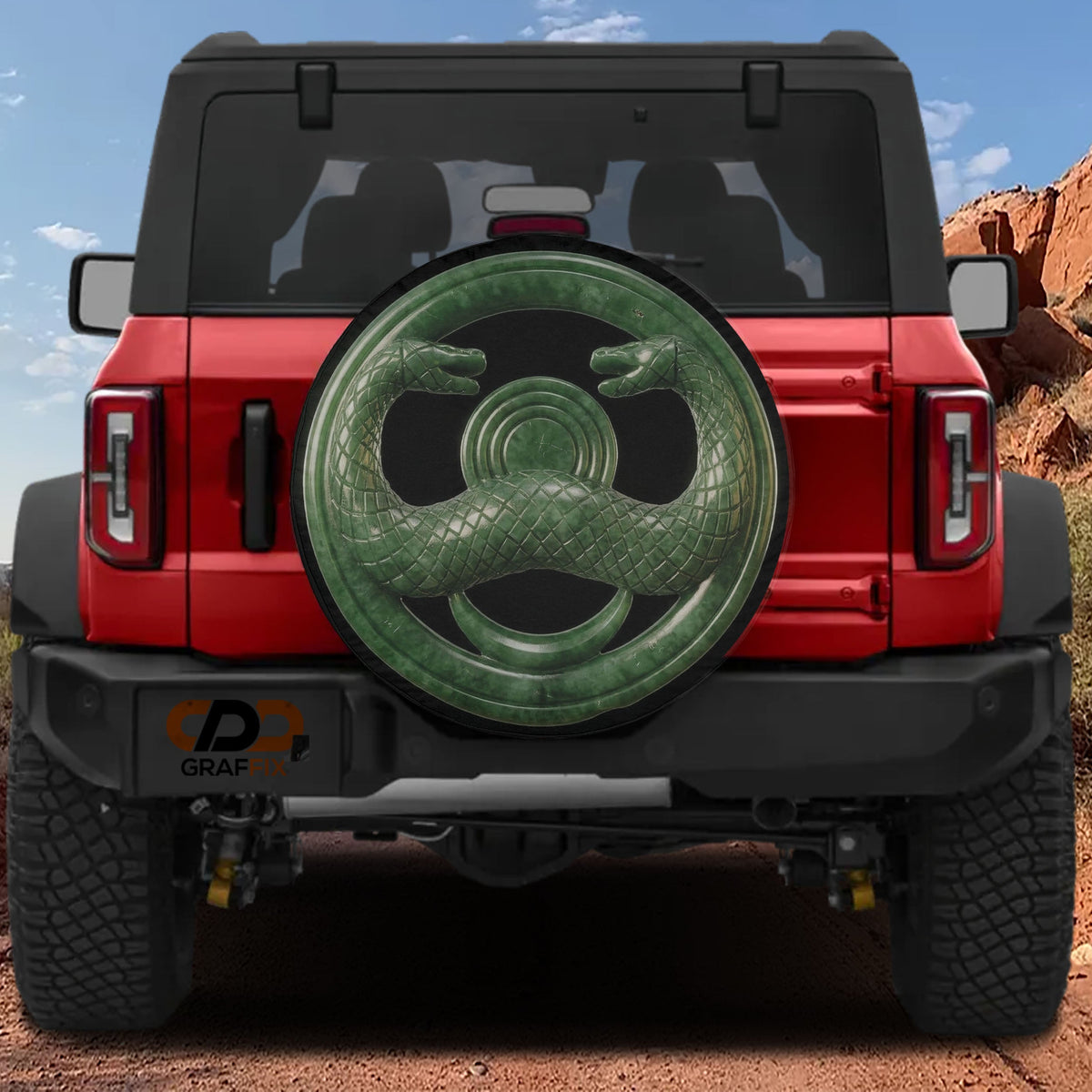 Jade serpent cult amulet spare tire cover mounted on a Ford Bronco