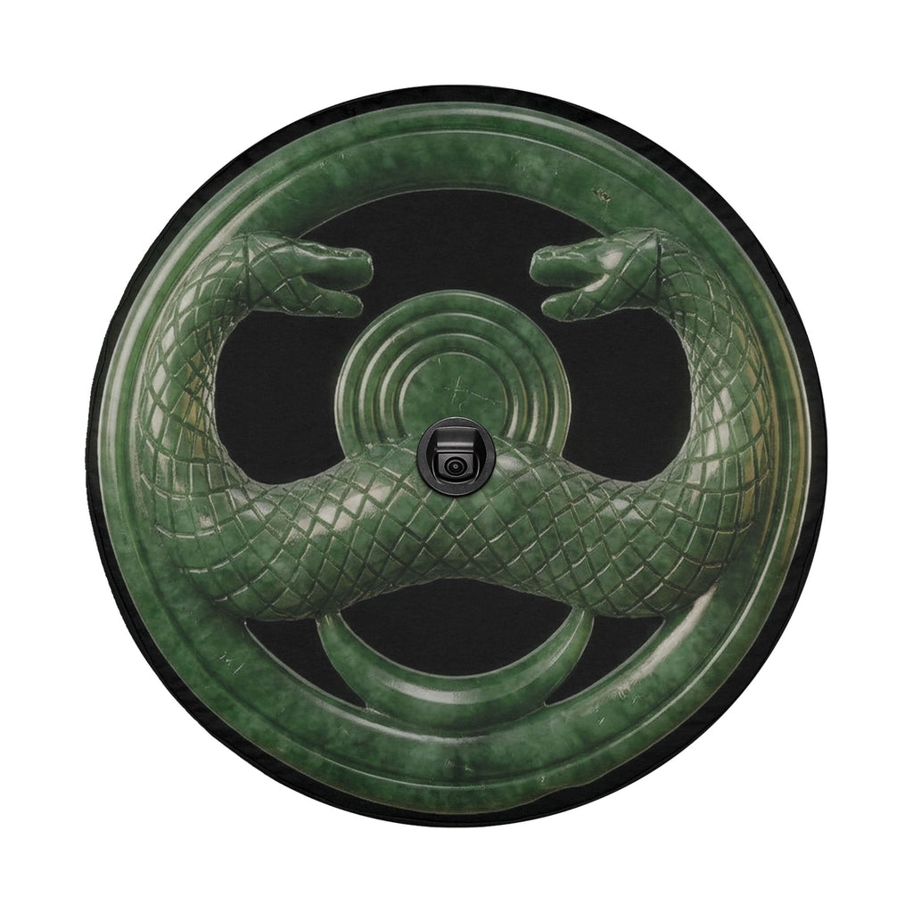 Jade serpent cult amulet spare tire cover with a backup camera hole
