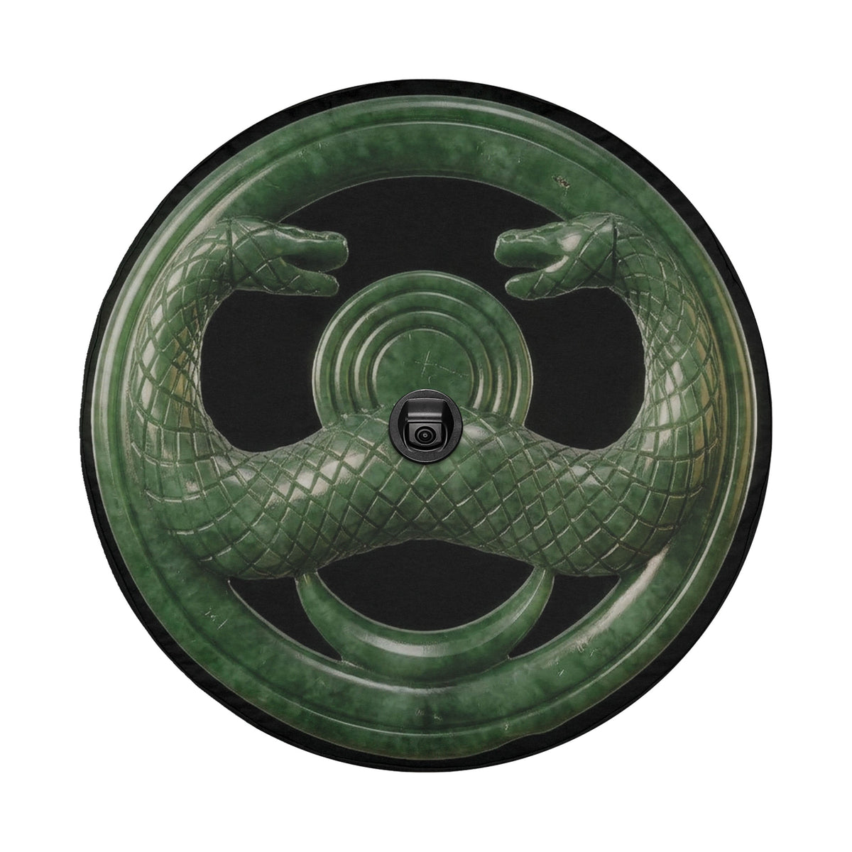 Jade serpent cult amulet spare tire cover with a backup camera hole