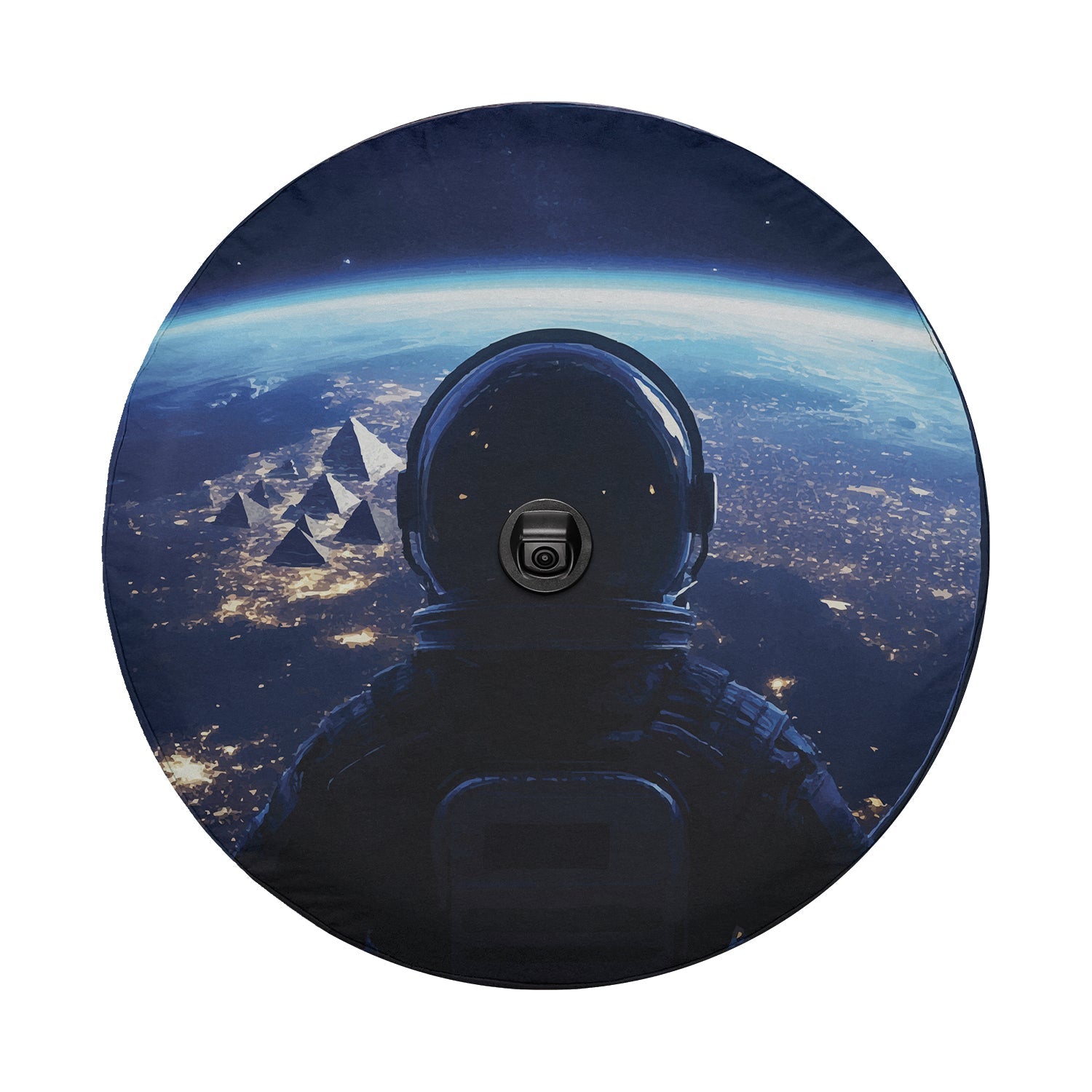 Astronaut silhouette over Earth city lights spare tire cover round design with center camera port