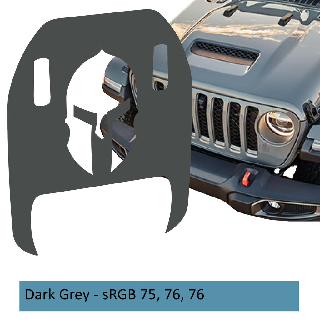 Dark grey Spartan Helmet clawed foot hood decal mockup on Jeep Wrangler JL Gladiator Mojave