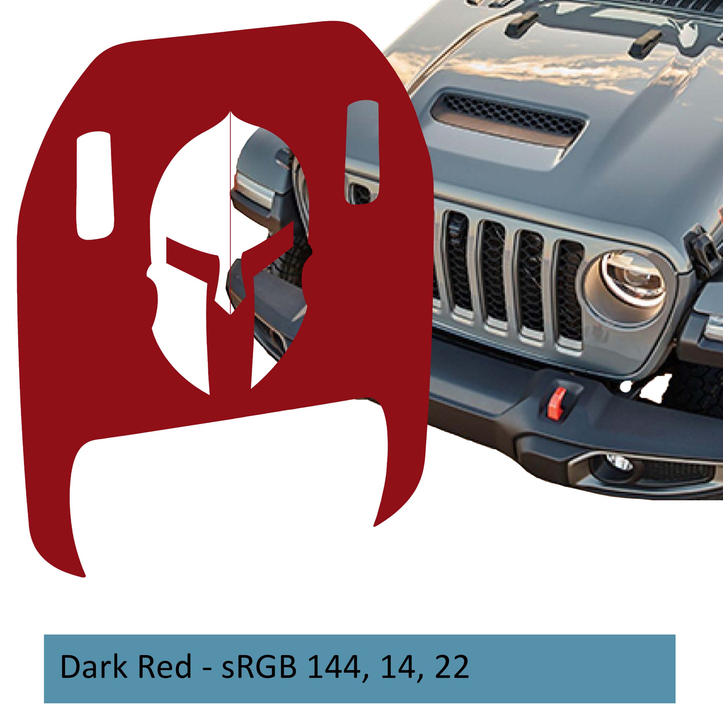 Dark red Spartan Helmet clawed foot hood decal mockup on Jeep Wrangler JL Gladiator Mojave 392