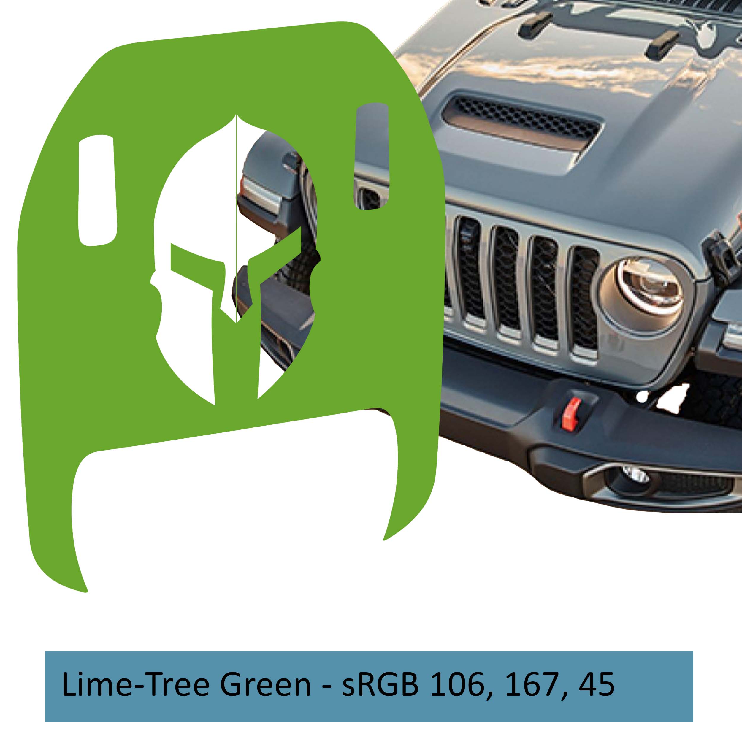 Lime green Spartan Helmet clawed foot hood decal mockup on Jeep Wrangler JL Gladiator 392