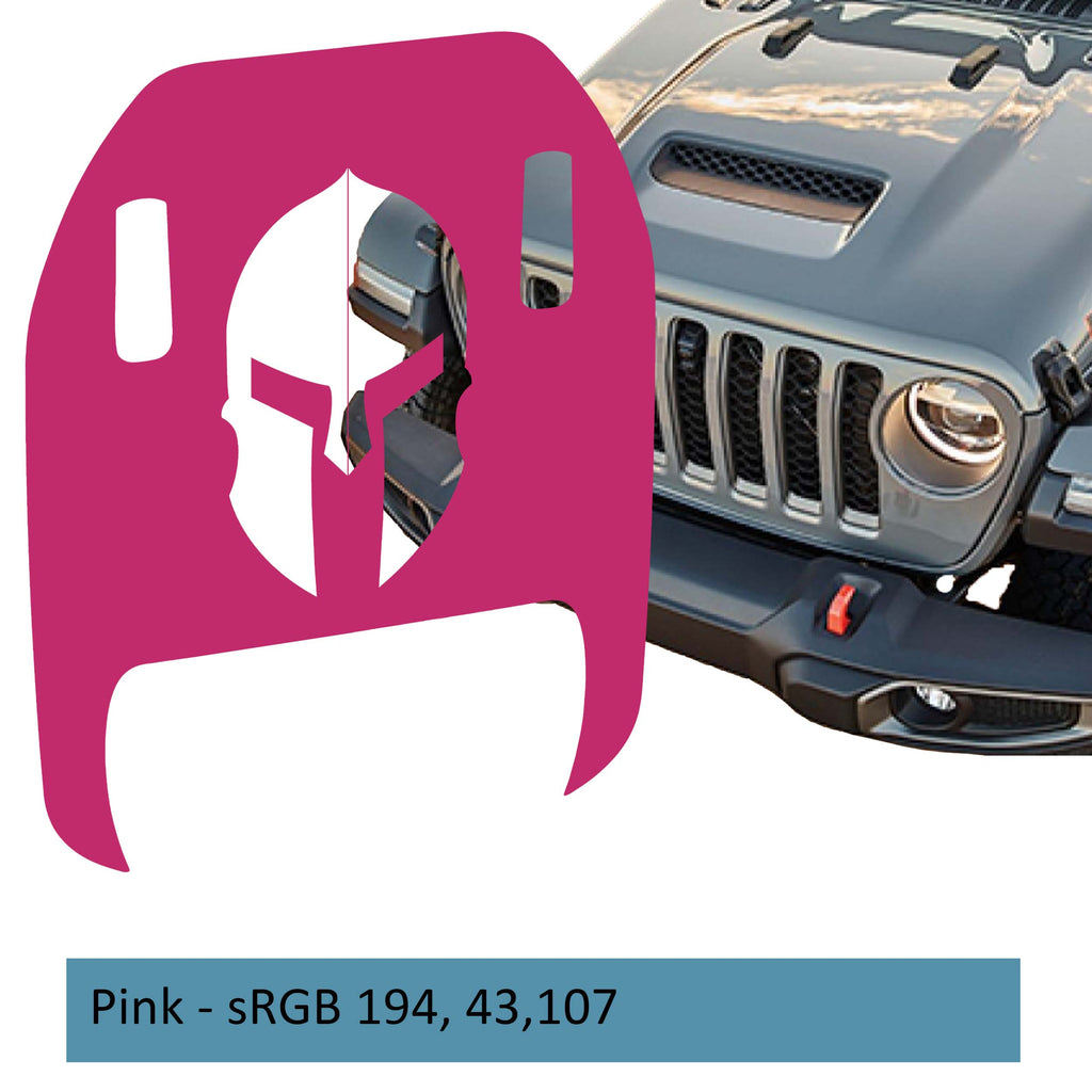 Pink Spartan Helmet clawed foot hood decal mockup on Jeep Wrangler JL Gladiator Mojave 392