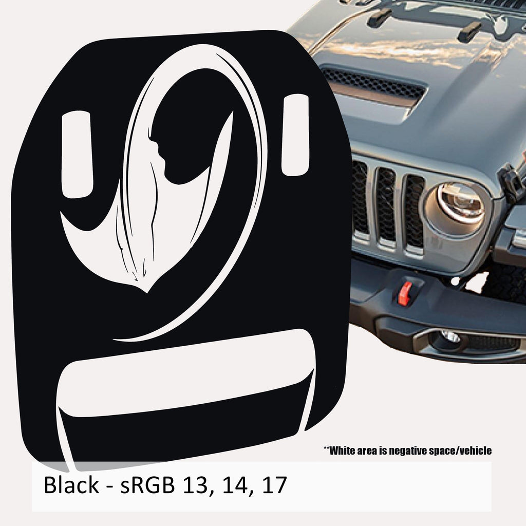 Black Stingray Clawed Foot hood decal pictured with Mojave 392 Wrangler JL grille