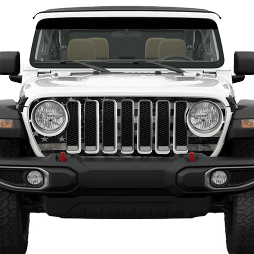 Black and Gray Subdued No Quarter American Flag Grille Skin Vinyl Overlay  - Fits Jeep Wrangler JL/Jeep Gladiator JT 2018 - 2023