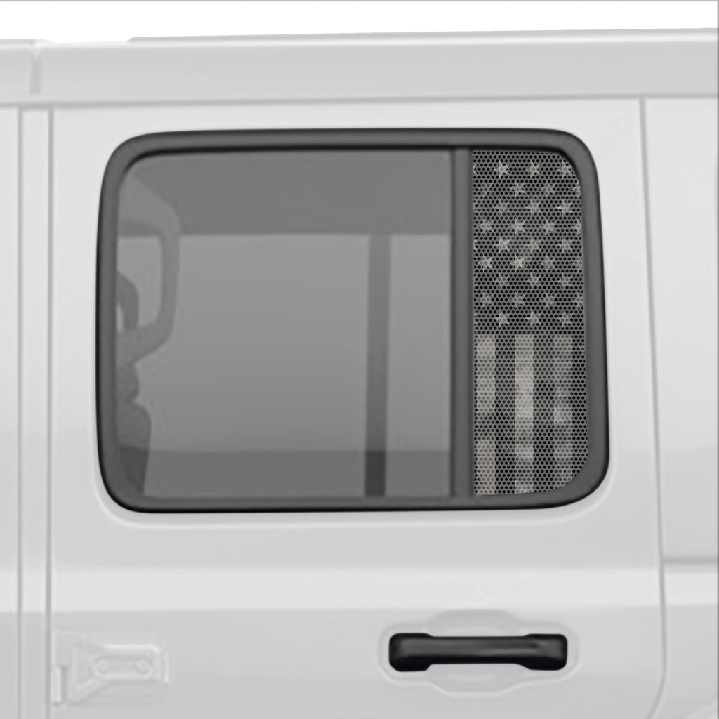 American Flag Perforated Rear Door Side Window Accent Decal Kit For Jeep Wrangler / Gladiator 4 door (2018-2026)