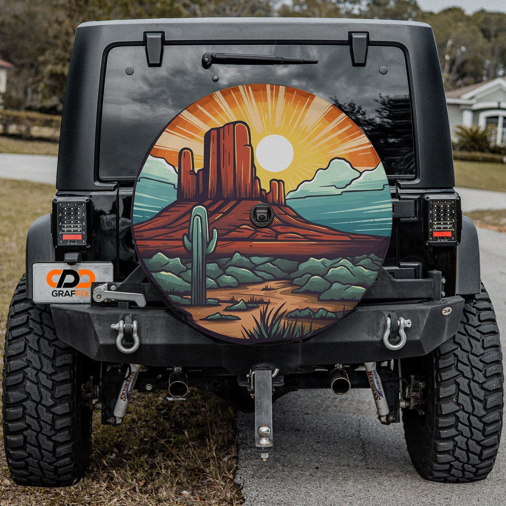 Black Jeep Wrangler with sunset over Sedona tire cover showing red mesa saguaro cactus golden sunrise