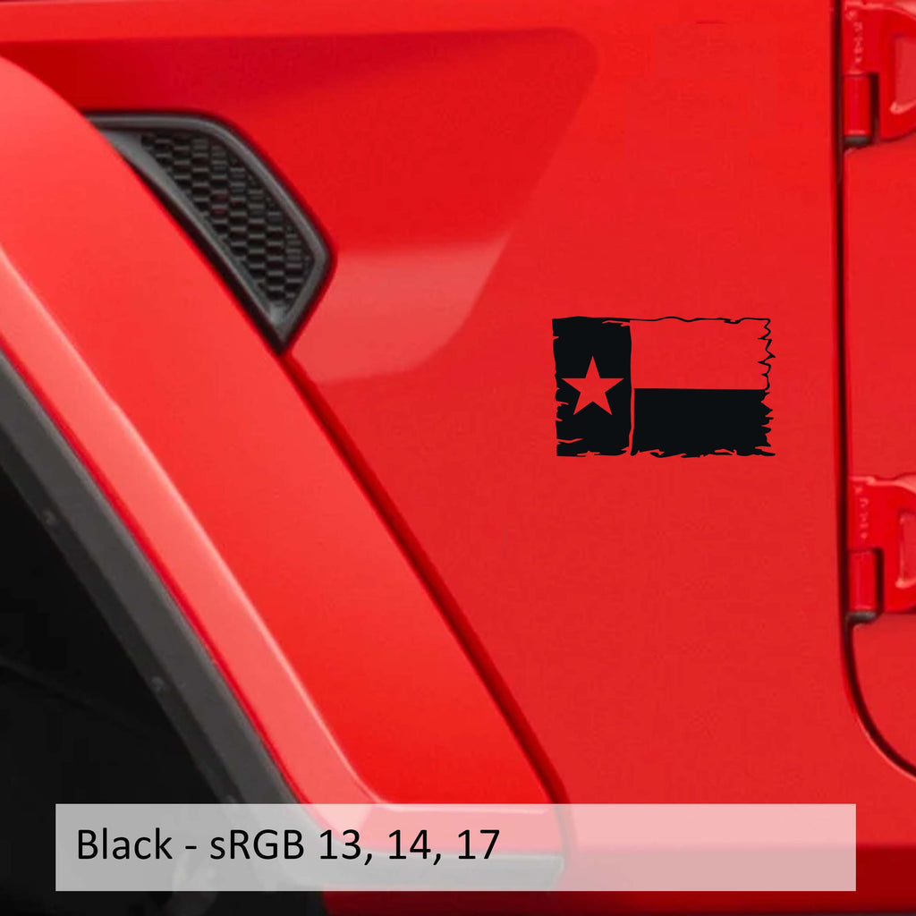 Black Lone Star Texas tattered state flag fender decal pair shown on transparent transfer sheet preview