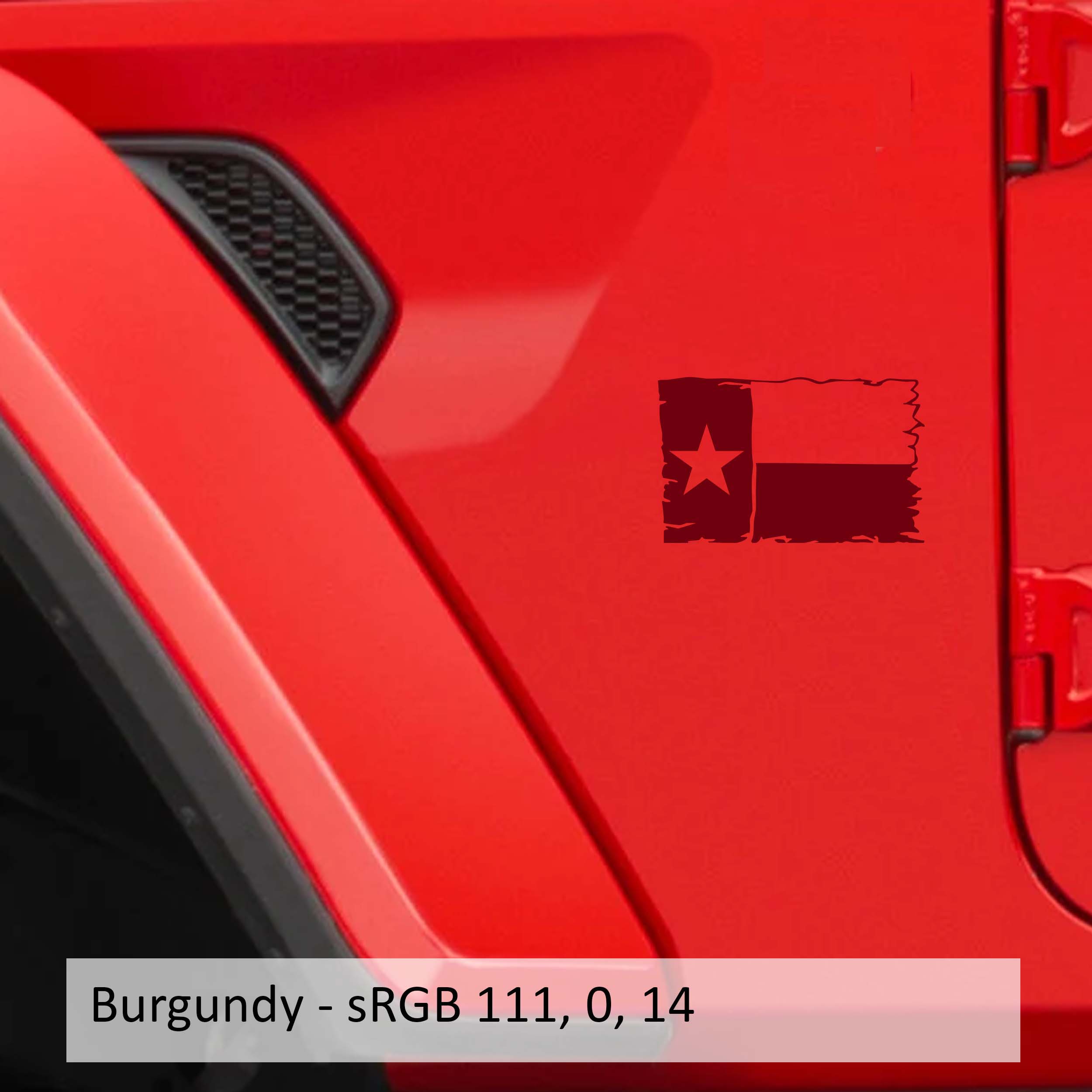 Burgundy Lone Star Texas tattered state flag fender decal pair on transparent transfer sheet preview