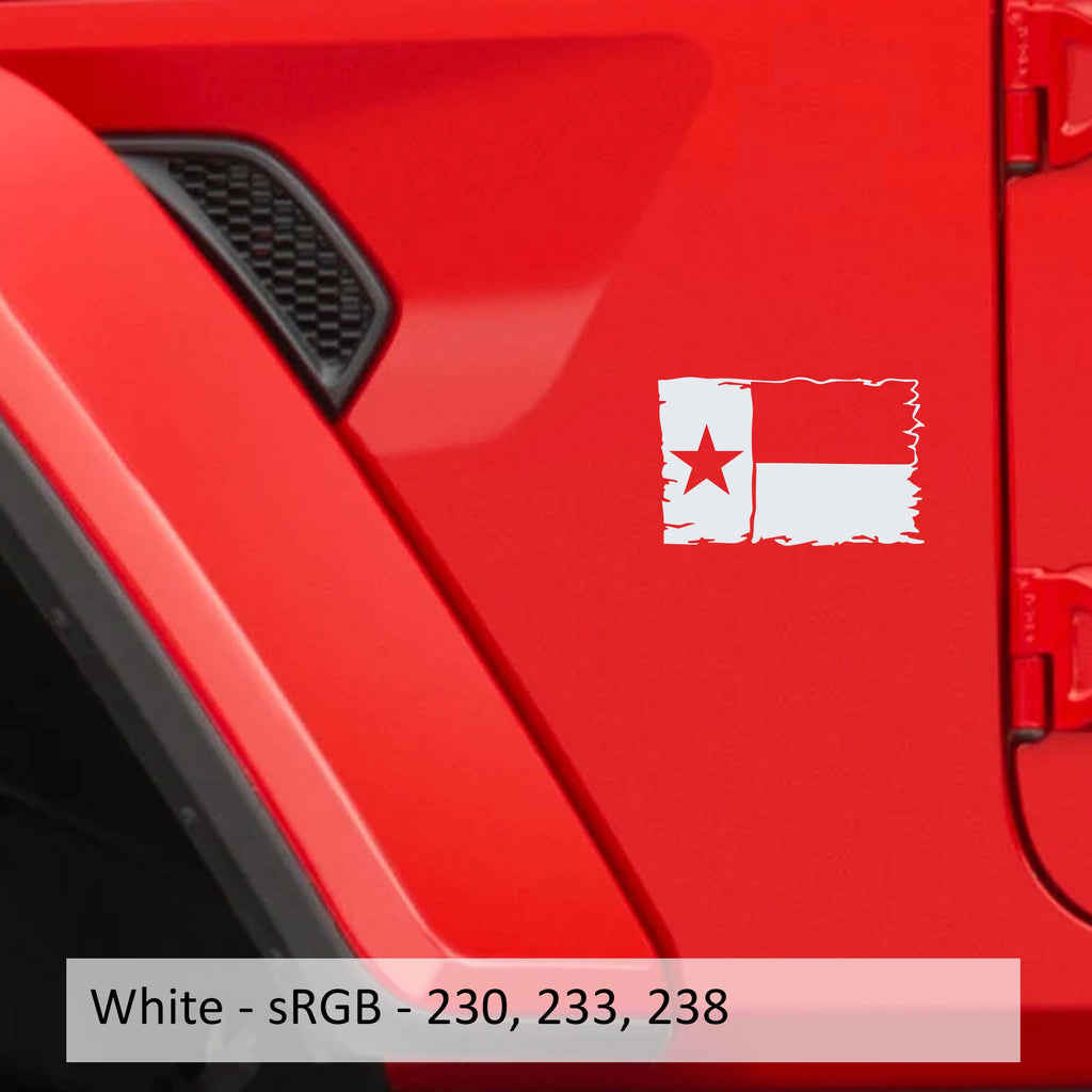 White Lone Star Texas tattered state flag fender decal pair shown on transparent transfer sheet preview