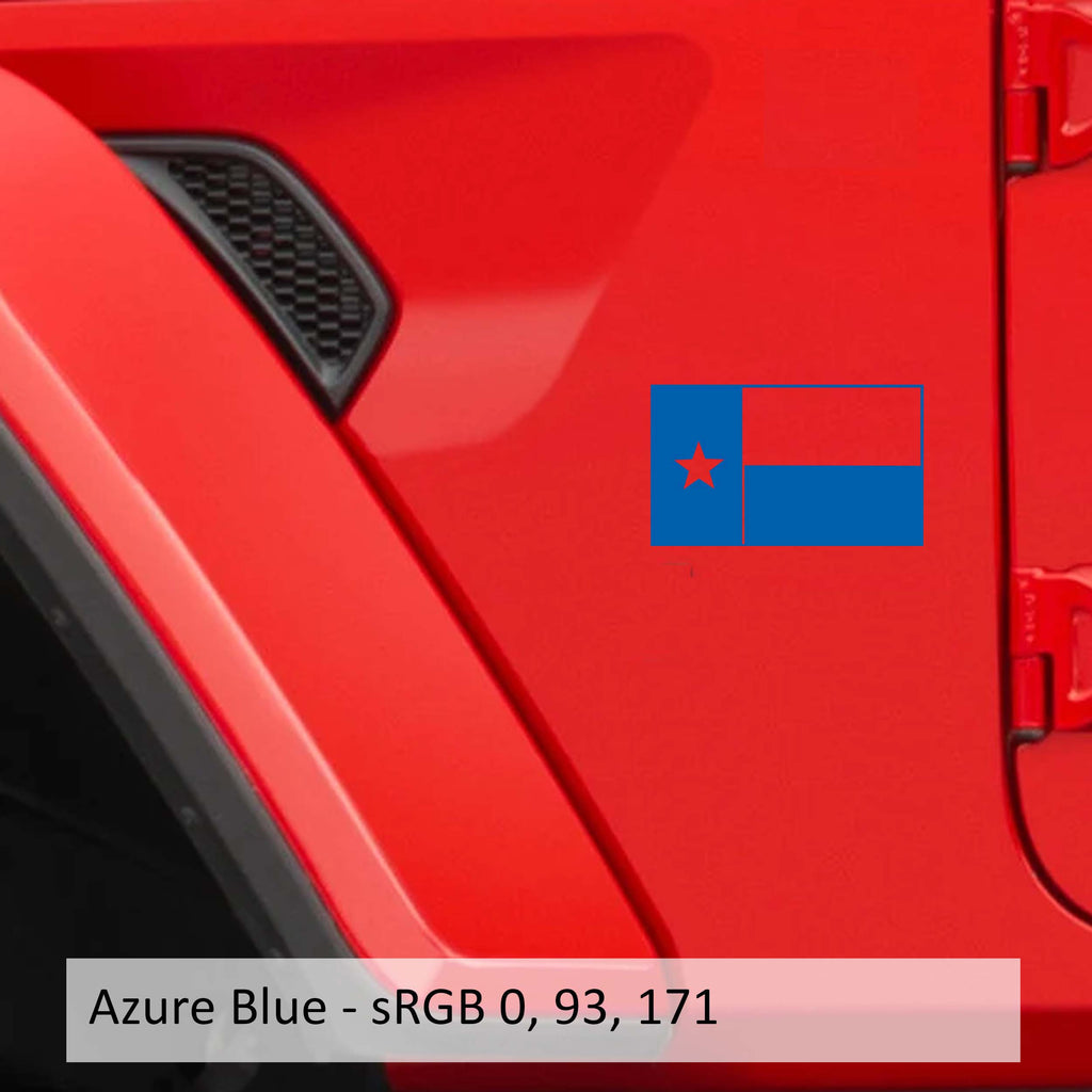 Azure blue Lone Star Texas state flag fender vinyl decal pair for Jeep Wrangler Gladiator.