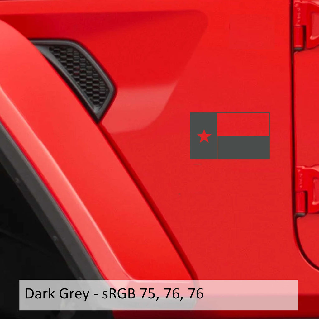 Dark gray Lone Star Texas state flag fender vinyl decal pair for Jeep Wrangler Gladiator.