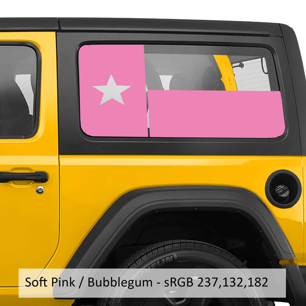 Bubblegum Texas Lone Star flag hardtop window vinyl decal set for Jeep Wrangler JK JL models.
