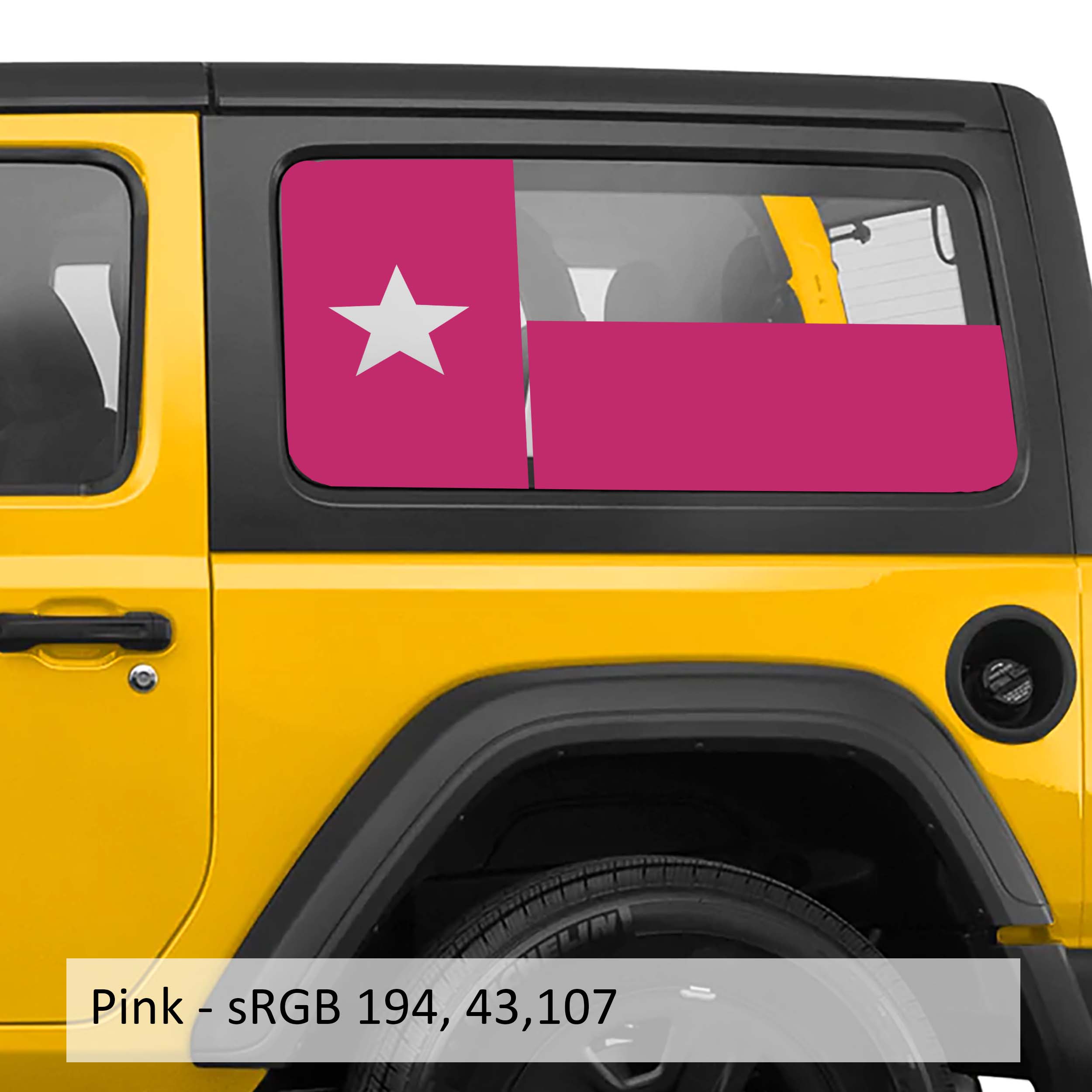 Pink Texas Lone Star flag hardtop window vinyl decal set for Jeep Wrangler JK and JL models.