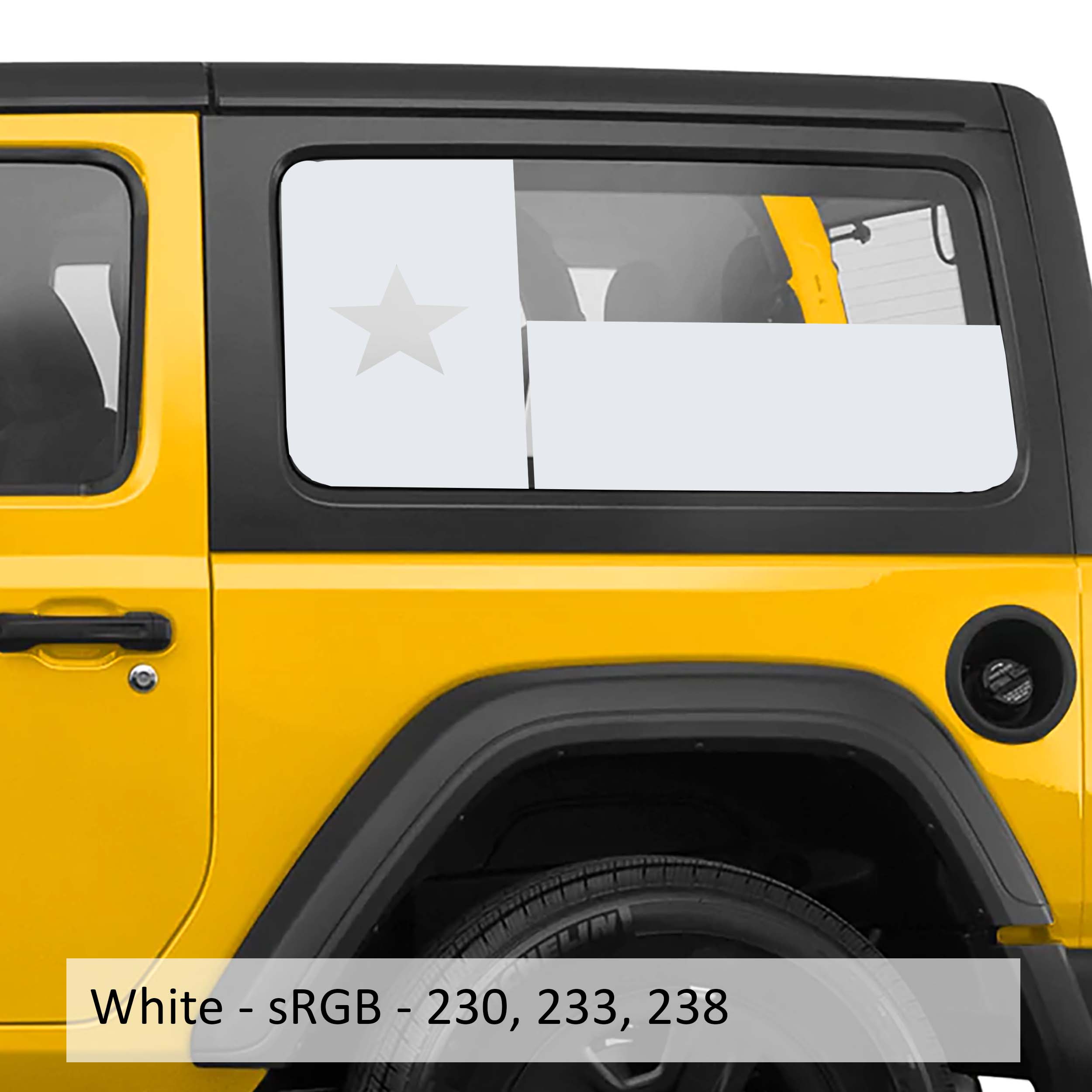White Texas Lone Star flag hardtop window vinyl decal set for Jeep Wrangler JK and JL models.