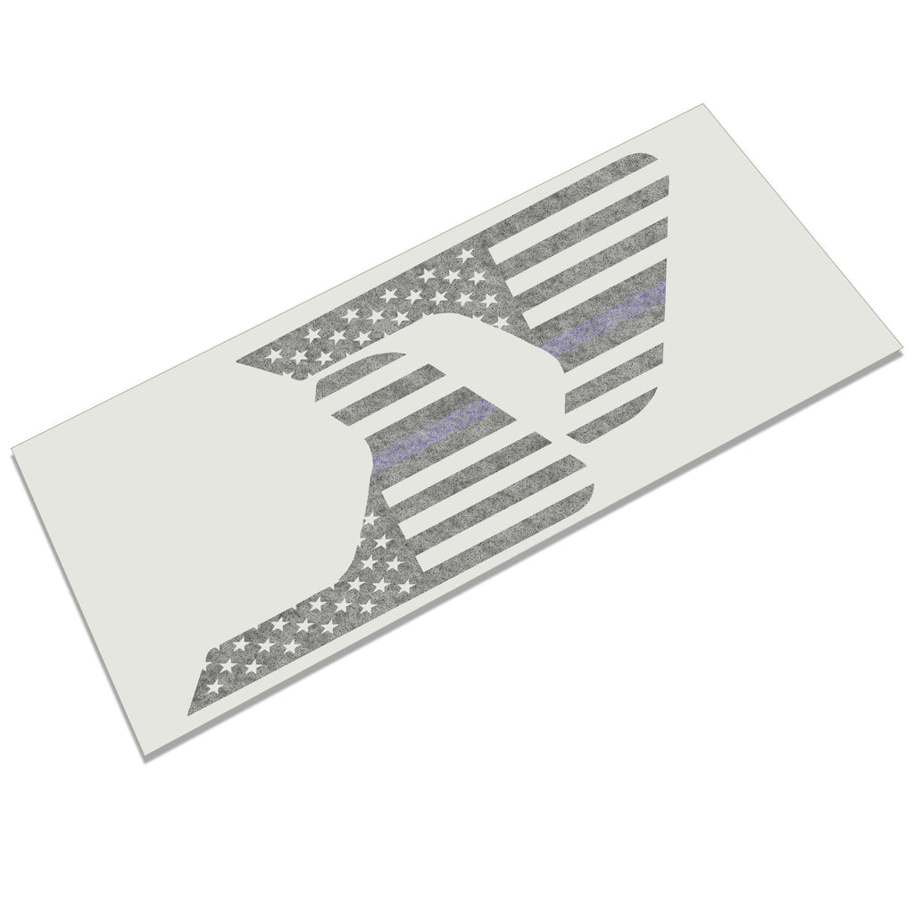 Thin Blue Line American flag fender vent decal graphic mockup shown on a Jeep billet vent panel