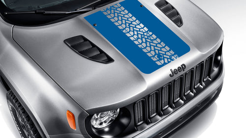 Azure blue tire track blackout hood vinyl decal on silver Jeep Renegade hood with bold tread pattern