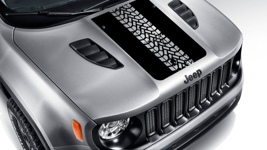Black tire track blackout hood vinyl decal on silver Jeep Renegade hood with bold tread pattern
