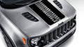 Black tire track blackout hood vinyl decal on silver Jeep Renegade hood with bold tread pattern