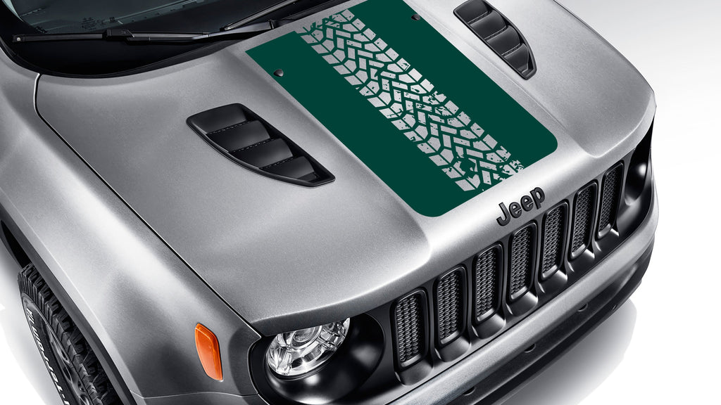 Forest green tire track blackout hood vinyl decal on silver Jeep Renegade hood with tread pattern