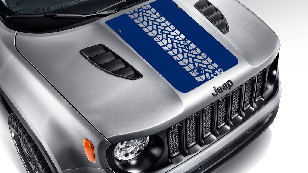 Navy blue tire track blackout hood vinyl decal on silver Jeep Renegade hood with bold tread pattern