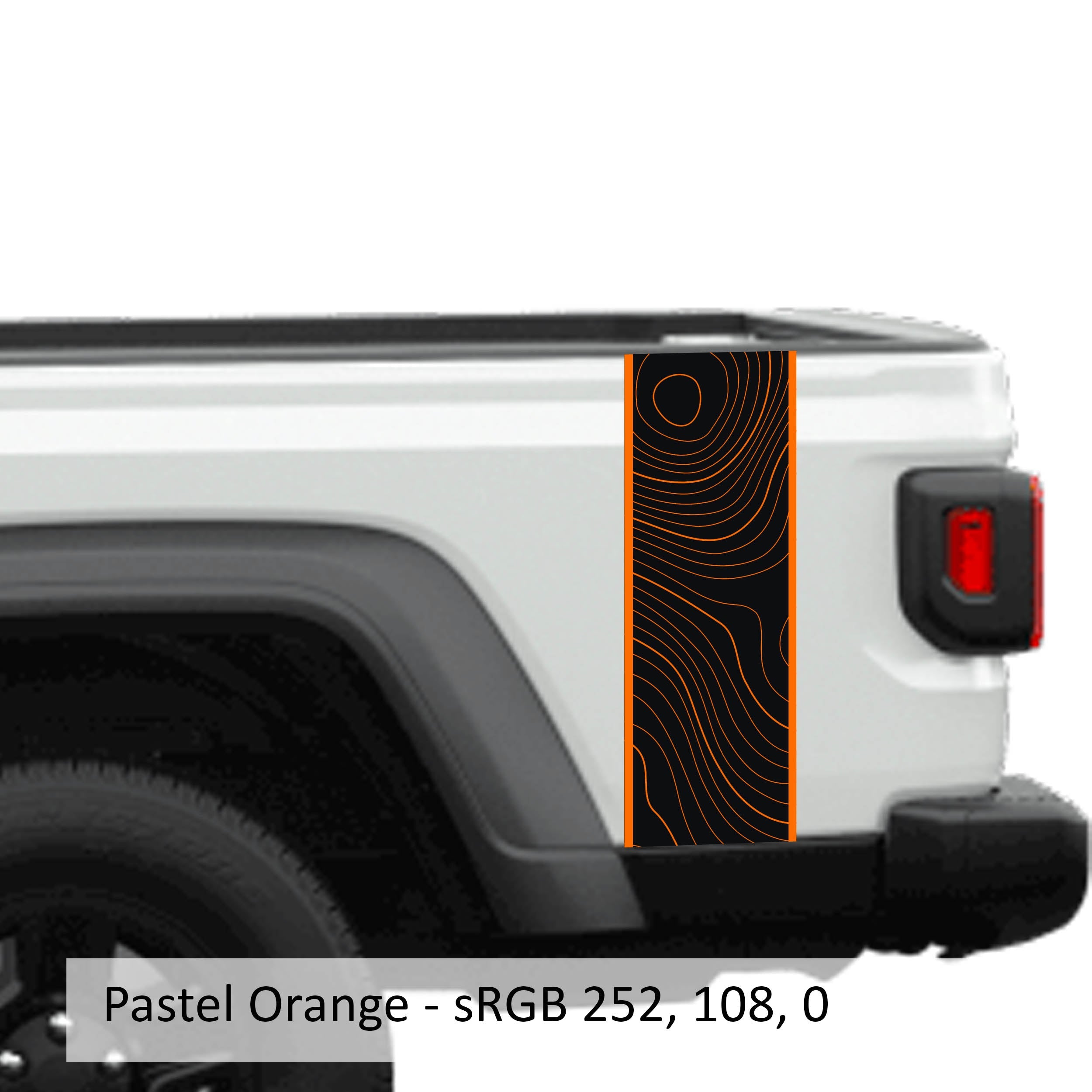 Pastel orange topographical 2-layer blackout JT bedside stripe vinyl decal set on Jeep Gladiator bed
