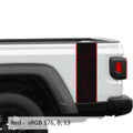 Red topographical 2-layer blackout JT bedside stripe vinyl decal set installed on Jeep Gladiator bed