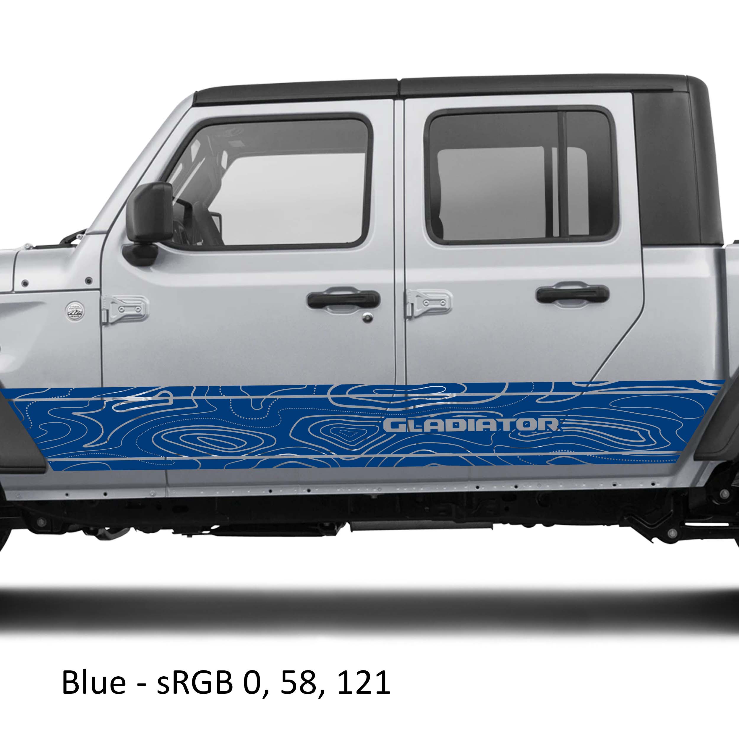 Blue topographic contour map vinyl decal applied to silver Jeep Gladiator JT rocker panel