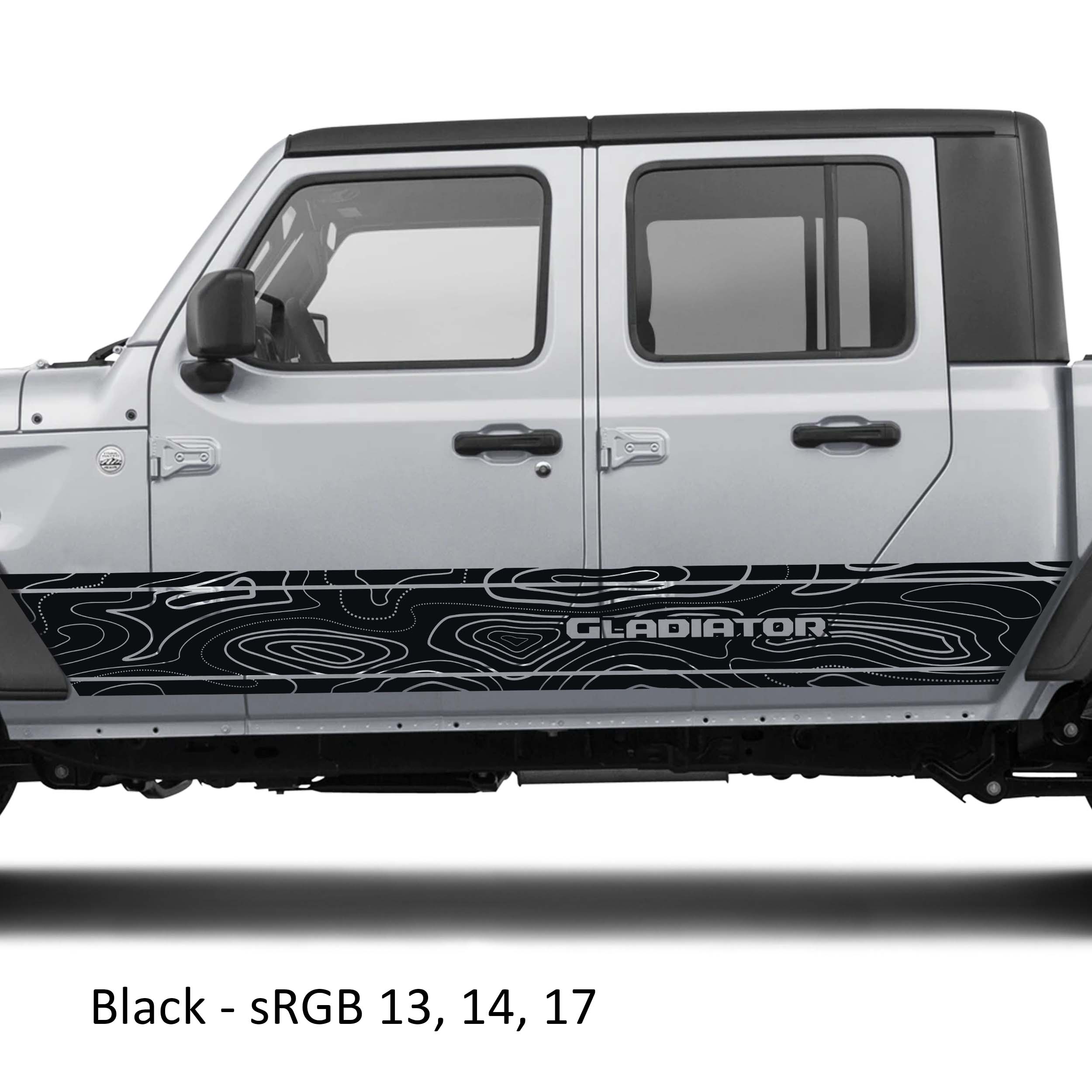 Black topographic contour map vinyl decal applied to silver Jeep Gladiator JT rocker panel