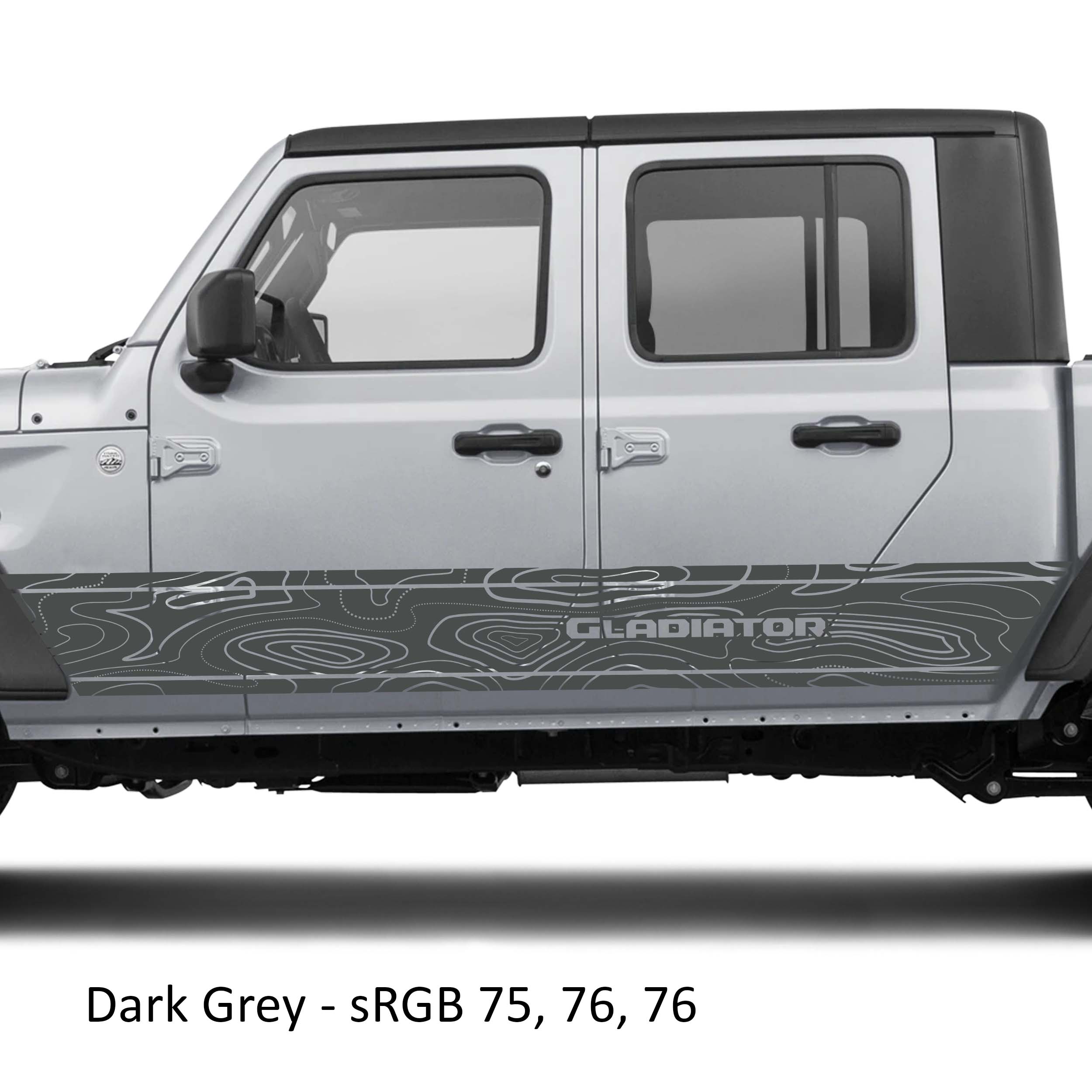 Dark gray topographic contour map vinyl decal on silver Jeep Gladiator JT rocker panel mockup